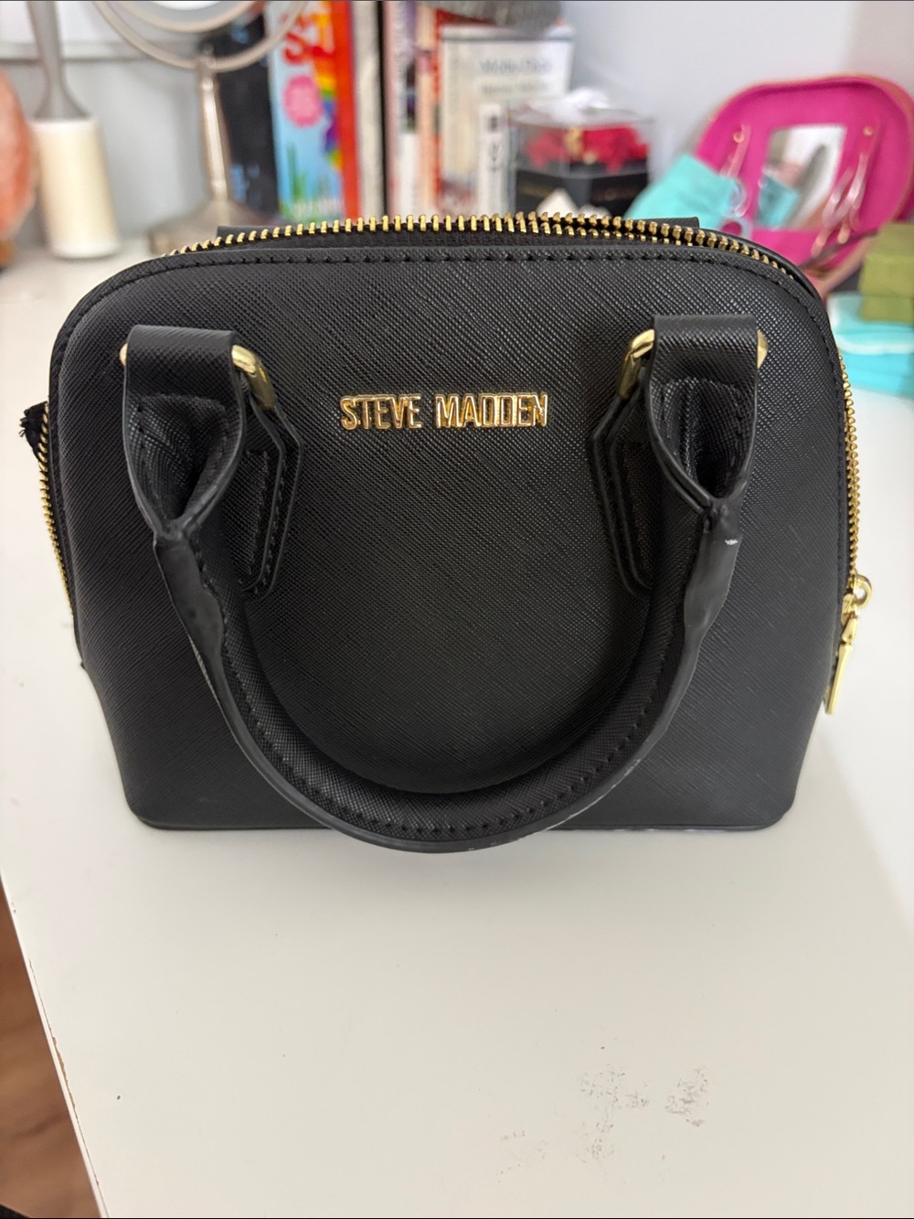 Steve Madden Black Mini Satchel with Gold Hardware